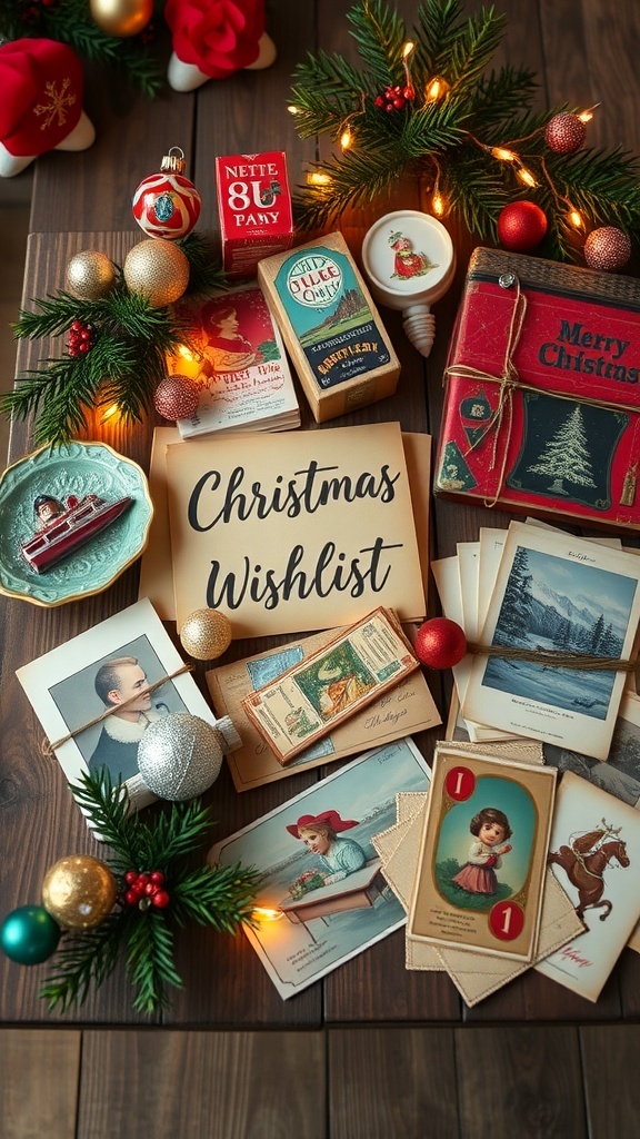 A vintage Christmas wishlist display with nostalgic items like glass ornaments and retro games on a rustic table.